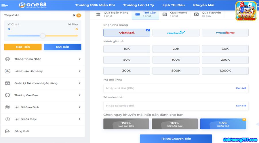 Hướng dẫn nạp tiền one88 qua thẻ cào
