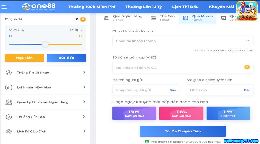 Hướng dẫn nạp tiền one88 qua momo
