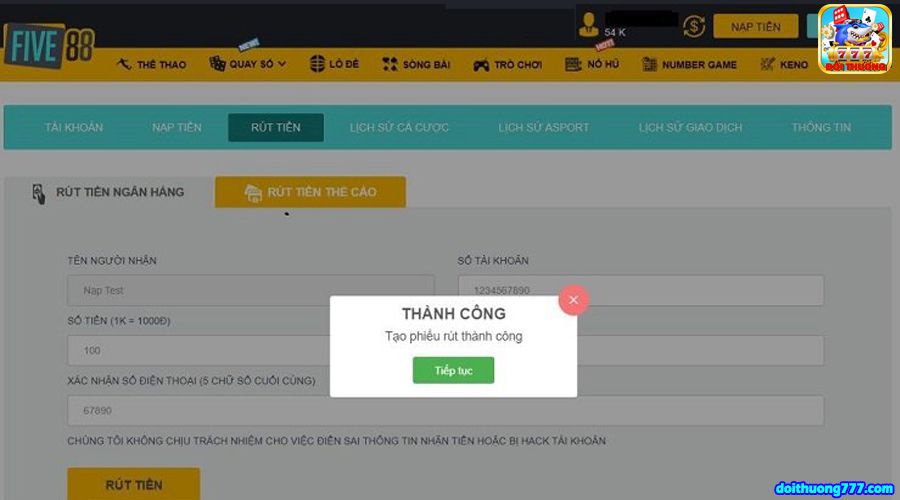 Hướng dẫn rút tiền nhanh Five88