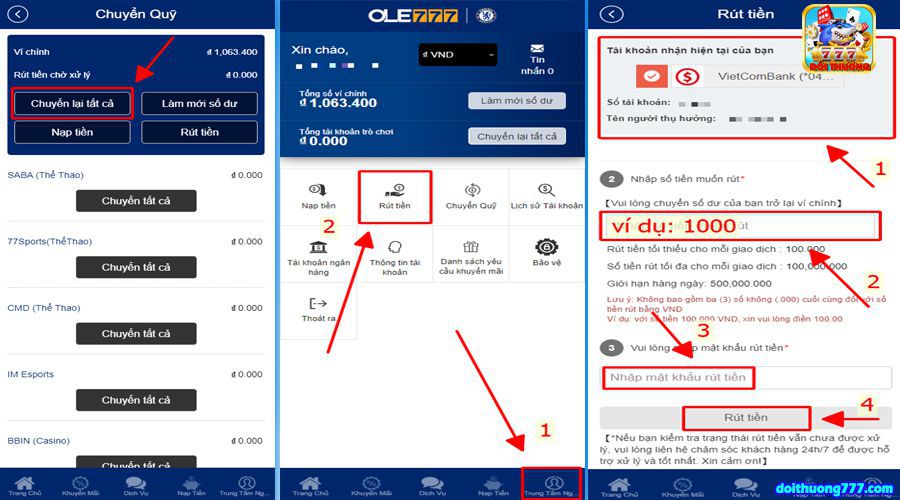 Hướng dẫn rút tiền ole777
